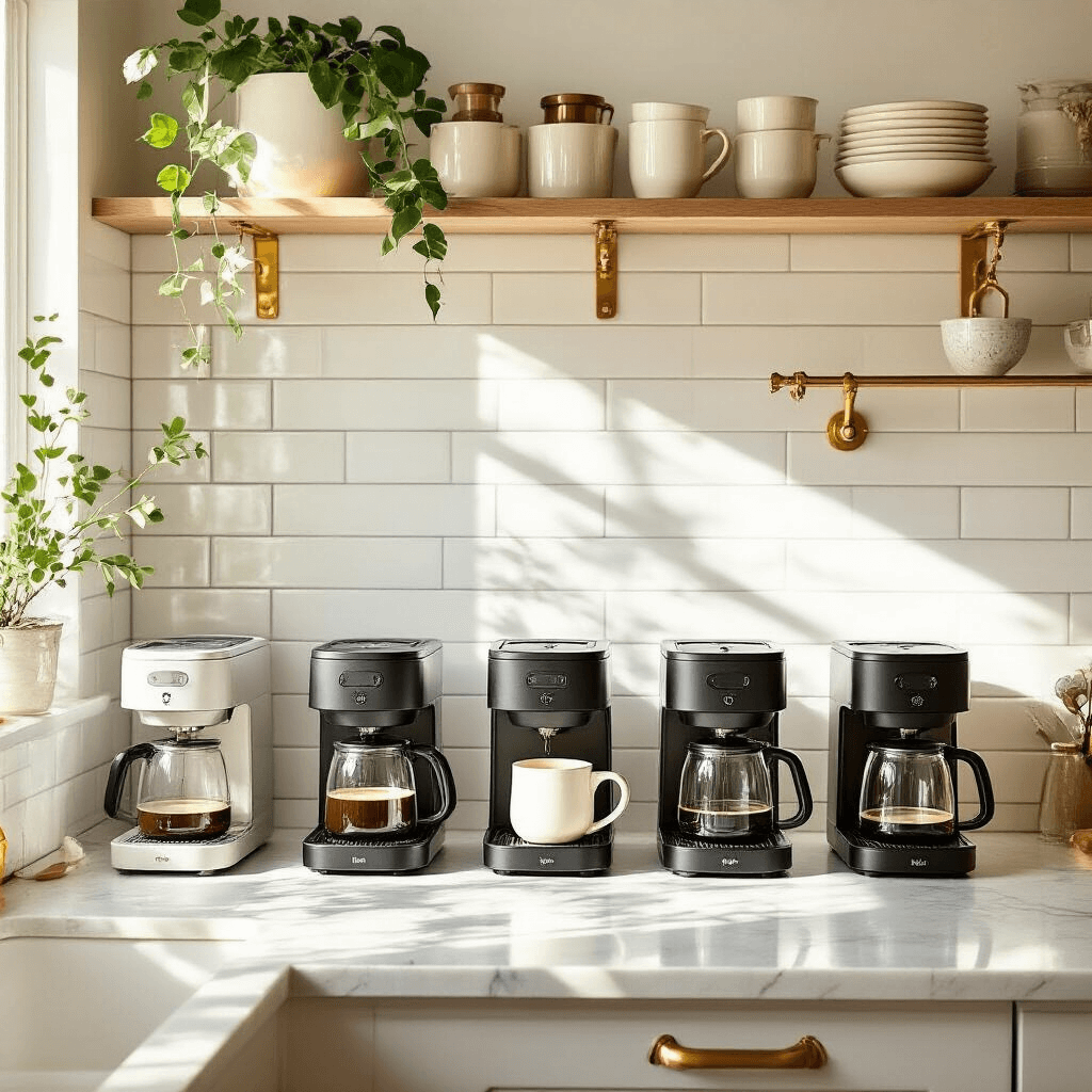 Small Coffee Makers: Your Perfect Compact Brewing Solution A bright, stylish compact kitchen featuring multiple small coffee makers on a white subway tile backsplash, illuminated by midday sunlight. The space includes brass fixtures, cream ceramic accessories, and fresh greenery, all arranged with clean minimal styling and geometric patterns.