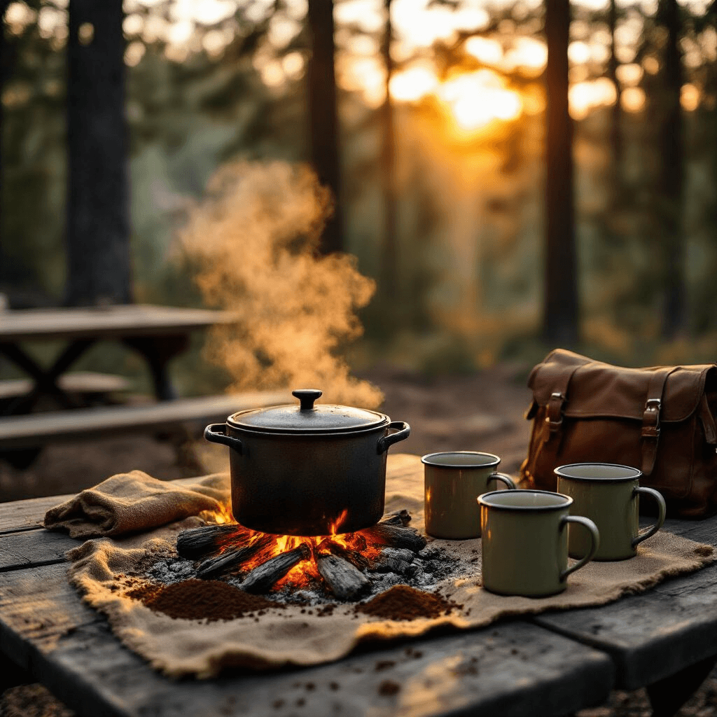 How to Make Coffee Without a Coffee Maker: 4 Simple Brewing Techniques Rustic campfire scene at golden hour featuring a steaming cast iron pot over glowing embers, a weathered picnic table with enamel mugs, scattered coarse ground coffee on burlap, and warm amber light filtering through pine trees, with vintage camping gear nearby and smoke wisps rising in a rich wilderness atmosphere.