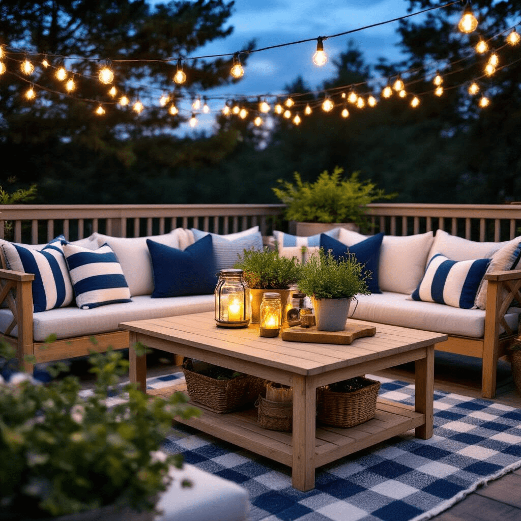Wood Coffee Tables: The Ultimate Guide to Styling, Choosing, and Transforming Your Living Space A cozy backyard terrace at night featuring a light pine coffee table adorned with wooden serving boards and mason jar lanterns, surrounded by casual seating with navy and white striped cushions, under enchanting string lights against an evening sky.