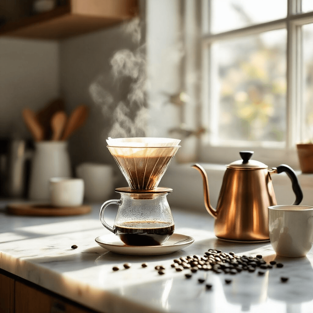 How to Make Coffee Without a Coffee Maker: 4 Simple Brewing Techniques A close-up shot of a modern kitchen counter featuring a pour-over coffee setup with marble countertops. Elegant glass mugs sit alongside an improvised paper filter suspended over a ceramic cup. A copper kettle releases steam, while scattered coffee beans add an artistic touch. Soft morning sunlight filters through the window, highlighting the minimalist styling and warm cream and gold color palette.