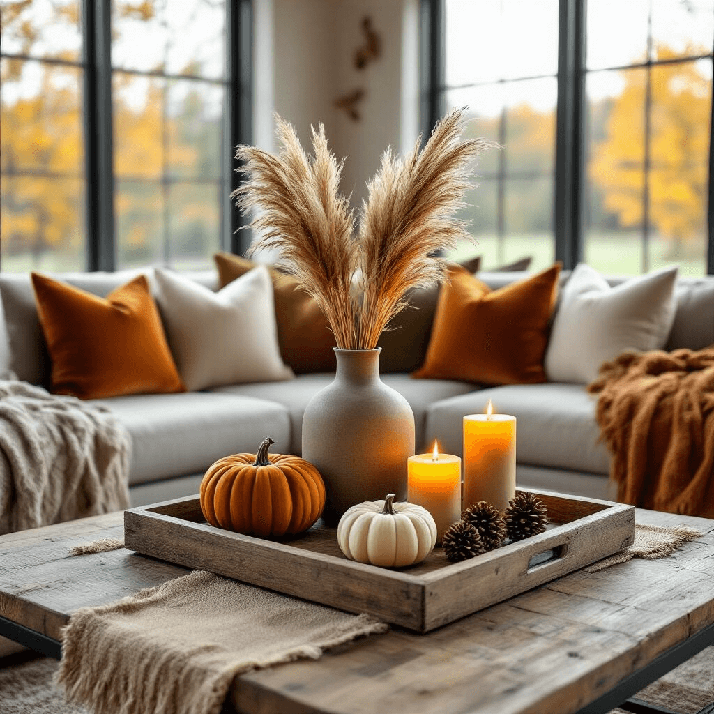 Fall Coffee Table Decor: Create a Cozy Autumn Sanctuary in Your Living Room Cozy modern living room with autumn-themed coffee table styling, featuring a rustic wood table adorned with pampas grass, velvet pumpkins, amber candles, and layered textiles in warm colors.