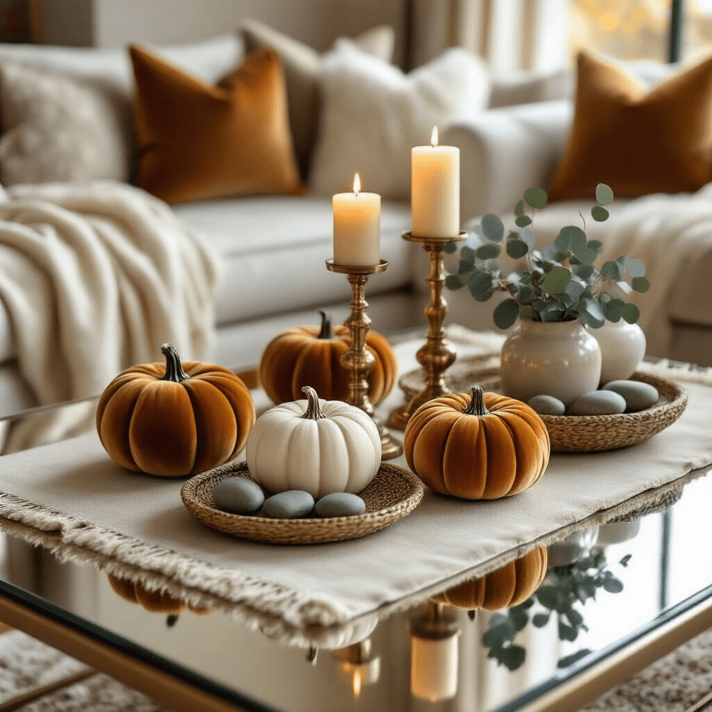Fall Coffee Table Decor: Create a Cozy Autumn Sanctuary in Your Living Room Close-up of an elegant living room vignette in golden hour, featuring a mirrored coffee table reflecting autumn decor: luxurious velvet pumpkins, brass candlesticks with cream candles, and ceramic vessels with eucalyptus. The neutral color palette includes ivory, warm beige, and soft amber, complemented by a silk table runner, woven basket, and smooth river stones. Hints of a cozy seating area with cashmere throws in the background enhance the sophisticated autumn sanctuary mood.