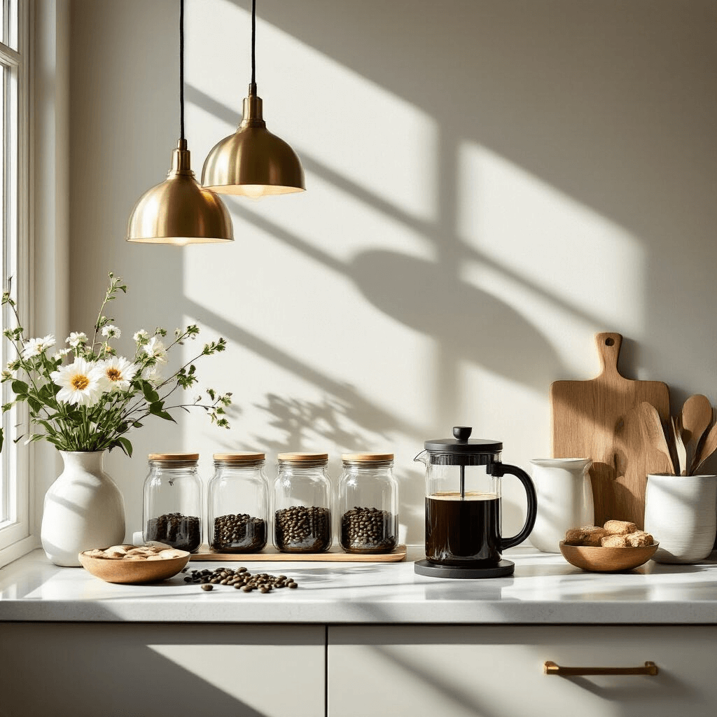 How to Make Coffee Without a Coffee Maker: 4 Simple Brewing Techniques A stylish breakfast nook featuring a French press setup with heatproof glass jars, modern pendant lighting, fresh flowers in ceramic vases, and artisanal coffee beans in wooden bowls, all bathed in morning light that casts geometric shadows, showcasing a contemporary design with brass accents in a monochromatic palette of whites and warm grays.