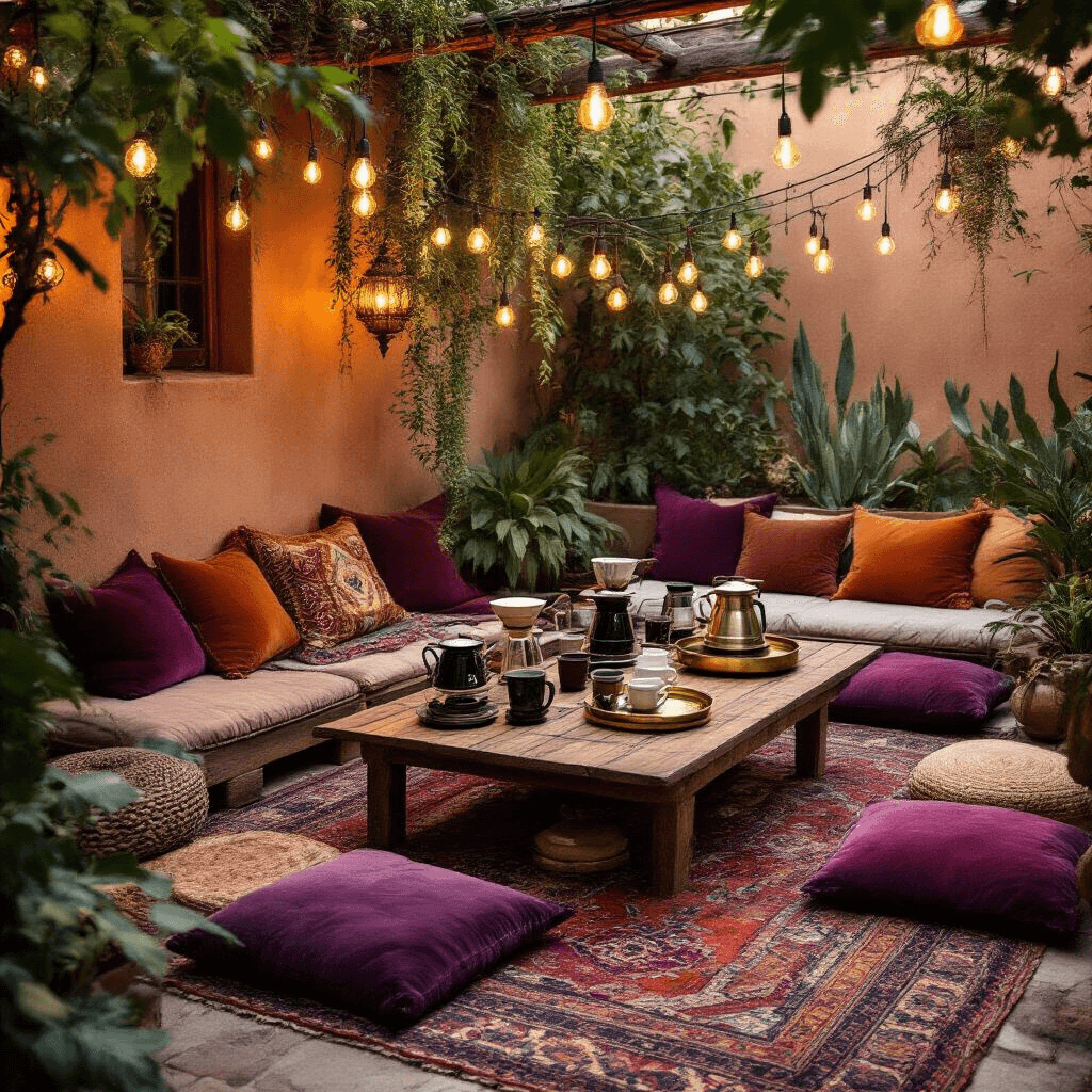How to Make Coffee Without a Coffee Maker: 4 Simple Brewing Techniques Aerial view of a bohemian outdoor terrace set up for coffee tasting, featuring a low wooden table surrounded by colorful floor cushions, various coffee brewing methods, string lights, layered Persian rugs, velvet pillows, brass trays with mugs, and desert plants, all in a warm terracotta and deep purple color scheme.