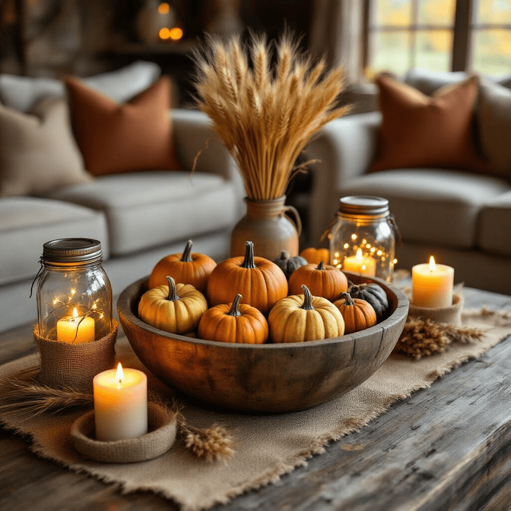 Fall Coffee Table Decor: Create a Cozy Autumn Sanctuary in Your Living Room Rustic coffee table arrangement featuring a wooden dough bowl filled with mini gourds, flanked by mason jar lanterns with fairy lights, dried wheat stalks, and burlap ribbon, all set on a weathered barn wood table with a warm candlelit ambiance.