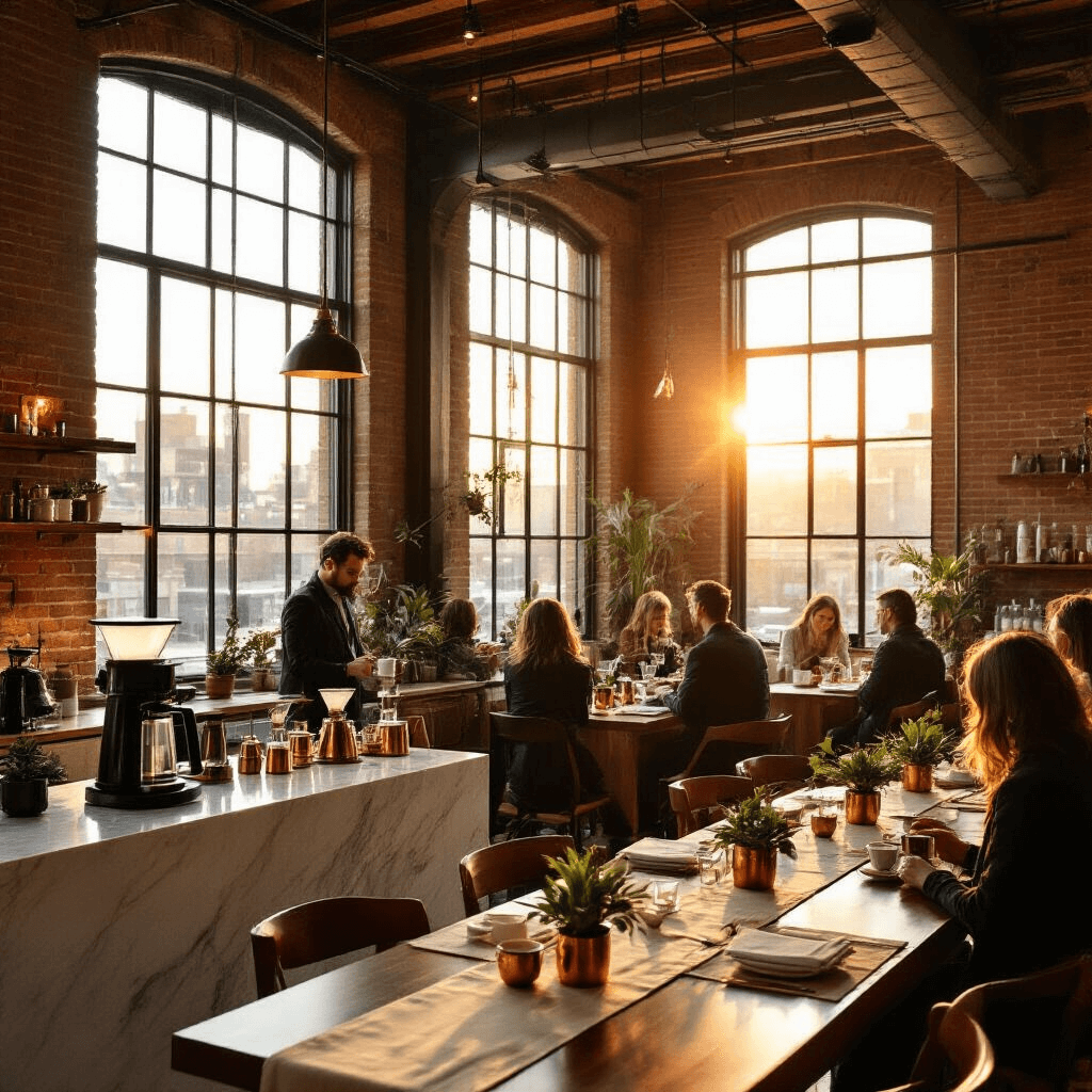 The AeroPress: Your Ultimate Guide to Portable Coffee Perfection Elegant indoor coffee tasting event in a modern loft with exposed brick walls, showcasing AeroPress models on marble countertops, intimate seating with mahogany tables, and guests sampling coffee in porcelain cups under golden hour sunlight.