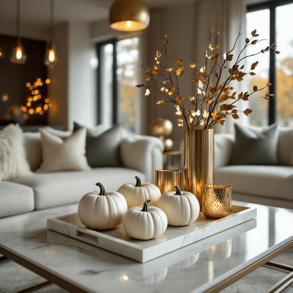 Fall Coffee Table Decor: Create a Cozy Autumn Sanctuary in Your Living Room A modern glam autumn coffee table styled with white and cream pumpkins on a polished marble tray, gold-leafed branches in a tall vase, and brass candle holders, set in a contemporary living room with soft evening lighting.