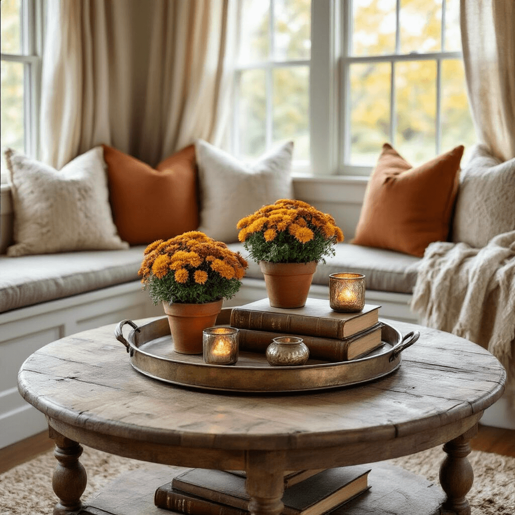 Fall Coffee Table Decor: Create a Cozy Autumn Sanctuary in Your Living Room Whimsical autumn coffee table scene featuring a round reclaimed wood table in a cozy living room nook, accented with vintage decor, terra cotta pots of mums, leather-bound books, and mercury glass votives, all bathed in soft natural light.