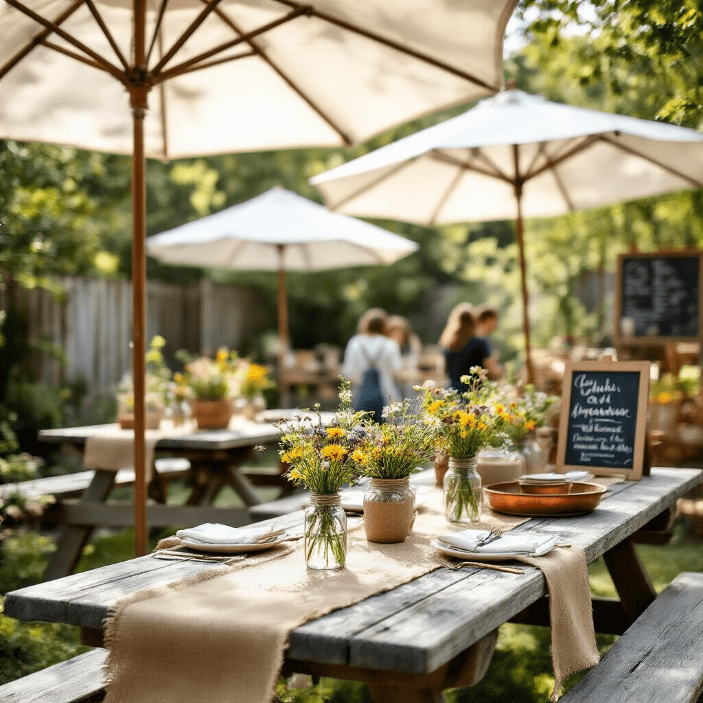The AeroPress: Your Ultimate Guide to Portable Coffee Perfection Detail shot of a stylish outdoor coffee festival setup featuring teak picnic tables with burlap runners, mason jar wildflower centerpieces, and chalkboard signage, all under white canvas umbrellas with the midday sun filtering through, showcasing a terracotta and sage green color palette.