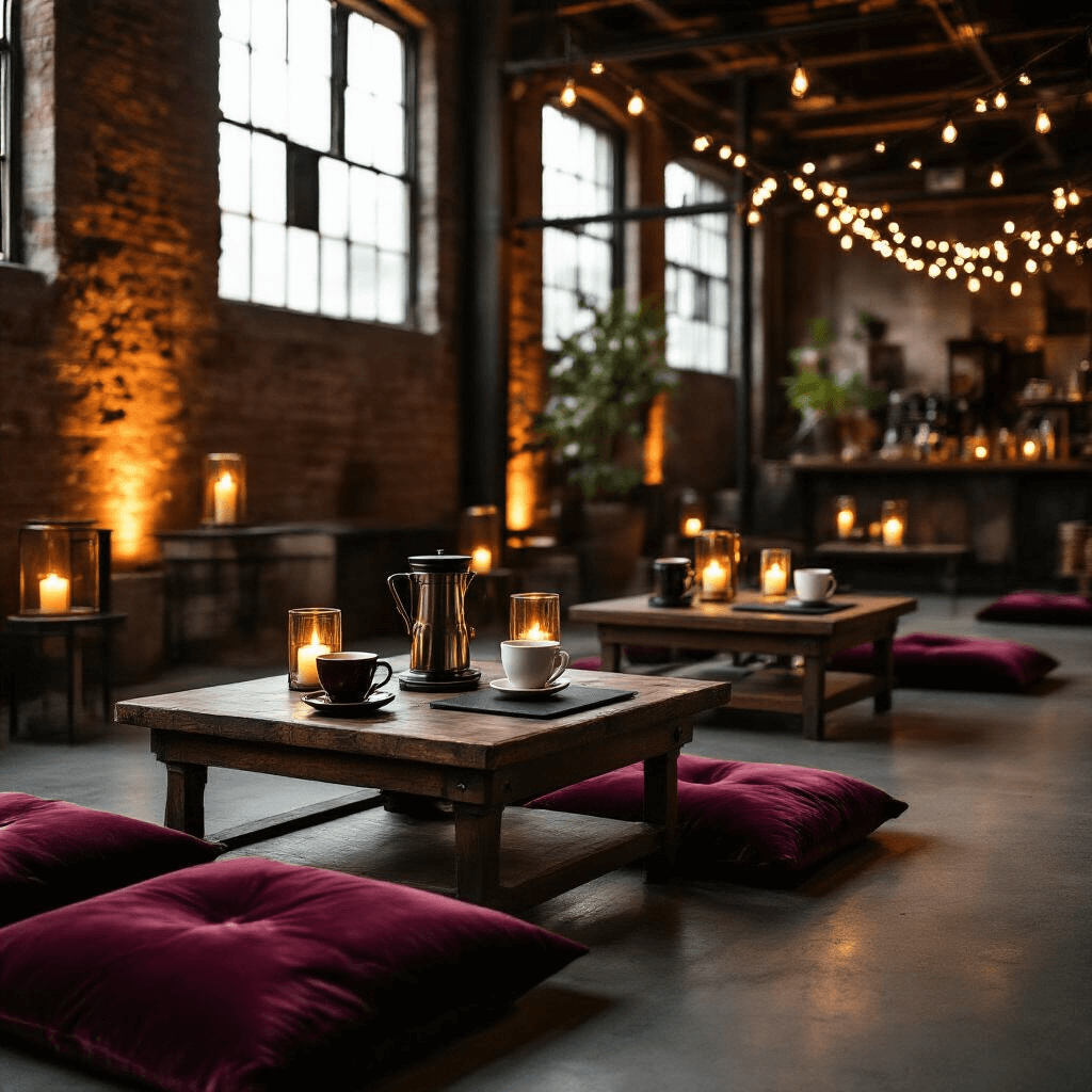 The AeroPress: Your Ultimate Guide to Portable Coffee Perfection Moody evening coffee cupping session in a chic warehouse, featuring warm candlelight casting shadows, low wooden tables with velvet cushions, AeroPress equipment on slate boards, and fairy lights overhead.