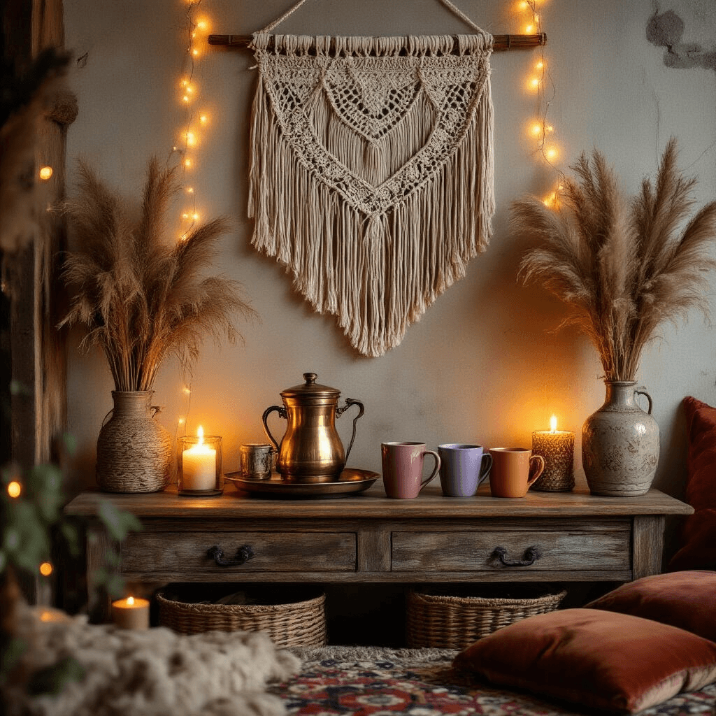 Create Your Perfect Kitchen Coffee Station: A Comprehensive Guide Cinematic view of a bohemian coffee corner in a cozy apartment, featuring a vintage brass coffee service on a weathered wood console, colorful ceramic mugs, dried pampas grass, and a Moroccan tile backdrop, all lit by warm candlelight and fairy lights.