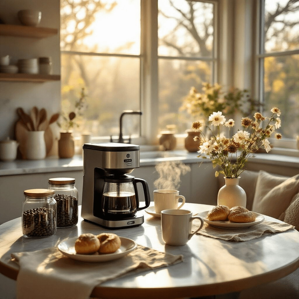 The Ultimate Guide to Bonavita Coffee Makers: Brewing Perfection Made Simple A modern kitchen breakfast nook bathed in golden hour light, featuring a sleek Bonavita coffee maker on marble counters, glass jars of artisanal coffee beans, steam rising from ceramic mugs, and a round wooden table with pastries, linen placemats, and minimalist floral arrangements.