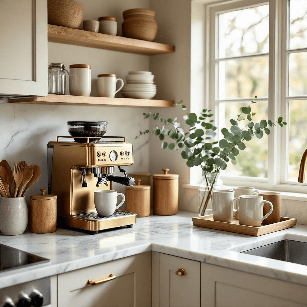How to Create the Perfect DIY Coffee Bar: A Comprehensive Guide Cozy modern kitchen corner with DIY coffee bar, featuring a brass espresso machine, wooden canisters, and ceramic mugs on tiered risers, bathed in soft morning light, with eucalyptus in a vase and decorative floating shelves.