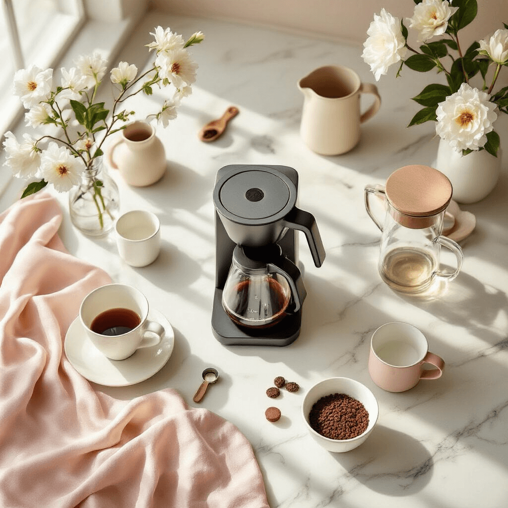 The Ultimate Guide to Bonavita Coffee Makers: Brewing Perfection Made Simple Overhead view of a modern coffee station featuring a Bonavita coffee maker at the center, surrounded by pour-over vessels, glass carafes, and measuring tools on a marble surface, accented with silk linens, fresh white flowers, and a blush pink and cream color palette, illuminated by soft morning light.
