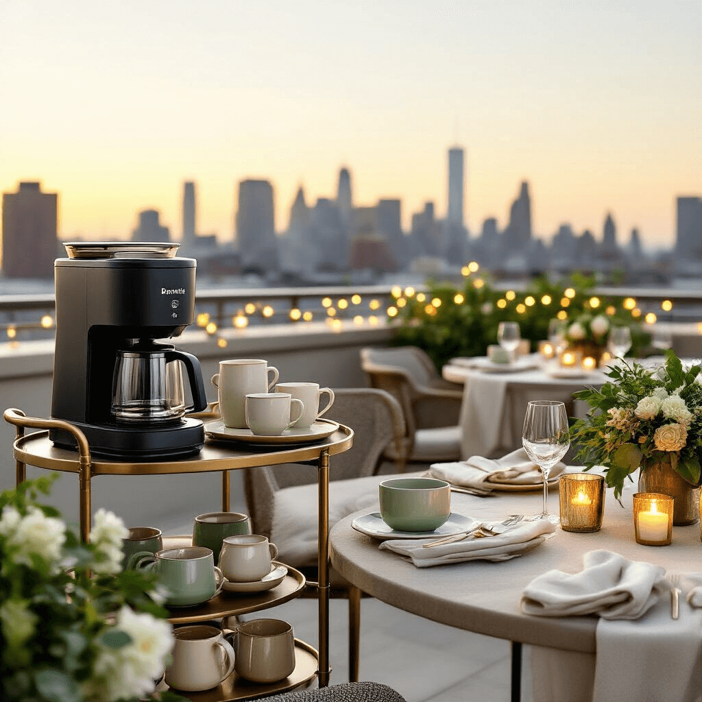 The Ultimate Guide to Bonavita Coffee Makers: Brewing Perfection Made Simple Elegant coffee service setup on a rooftop terrace during golden hour, featuring a Bonavita coffee maker on a sleek cart, artisan mugs, ceramic serving pieces, and gourmet coffee accessories, with an urban skyline backdrop, round tables adorned with linen place settings, candle groupings, and fresh greenery, all in a sophisticated color palette of sage green, ivory, and brushed gold accents.