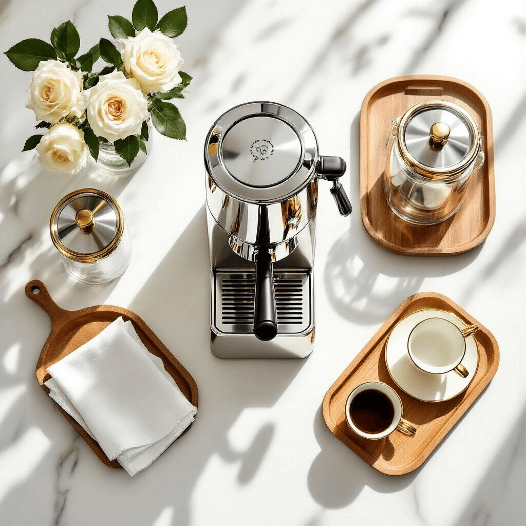 How to Create the Perfect DIY Coffee Bar: A Comprehensive Guide Overhead flat lay of a coffee bar with a chrome espresso machine, glass canisters, gold-rimmed cups, and wooden trays on a white marble surface, accented by white roses and linen napkins, bathed in bright sunlight.