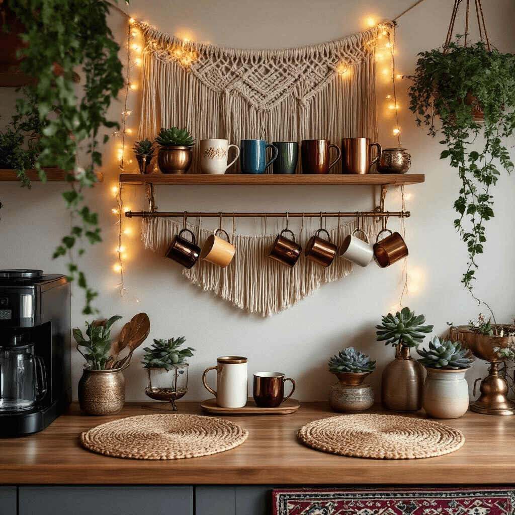 How to Create the Perfect DIY Coffee Bar: A Comprehensive Guide Cinematic view of a boho-chic coffee station in a modern apartment kitchen, featuring macrame wall hangings, colorful ceramic mugs, copper accessories, fairy lights, and a rich color palette, with woven placemats, succulents, vintage brass scales, a Persian rug, and hanging plants for a cozy atmosphere.