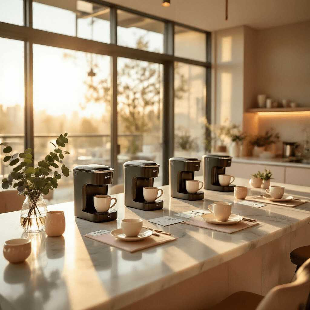 The Ultimate Guide to the Best Keurig Coffee Makers in 2025: Your Perfect Brew Awaits Cinematic wide-angle view of a sunlit modern kitchen during a morning coffee tasting event, featuring five sleek Keurig coffee makers on a marble island, round high-top tables with individual coffee cupping stations, and a blush pink and cream color palette with rose gold accents.