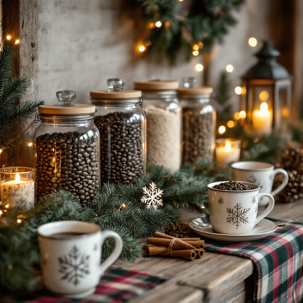 How to Create the Perfect DIY Coffee Bar: A Comprehensive Guide A cozy winter coffee bar styled on a reclaimed wood console, featuring glass canisters with coffee beans and hot cocoa mix, twinkling fairy lights, pine garland, and cinnamon stick bundles, all illuminated by a warm candlelit glow, with plaid wool runners, ceramic snowflake mugs, and vintage lanterns, as steam rises from freshly brewed coffee in the foreground.