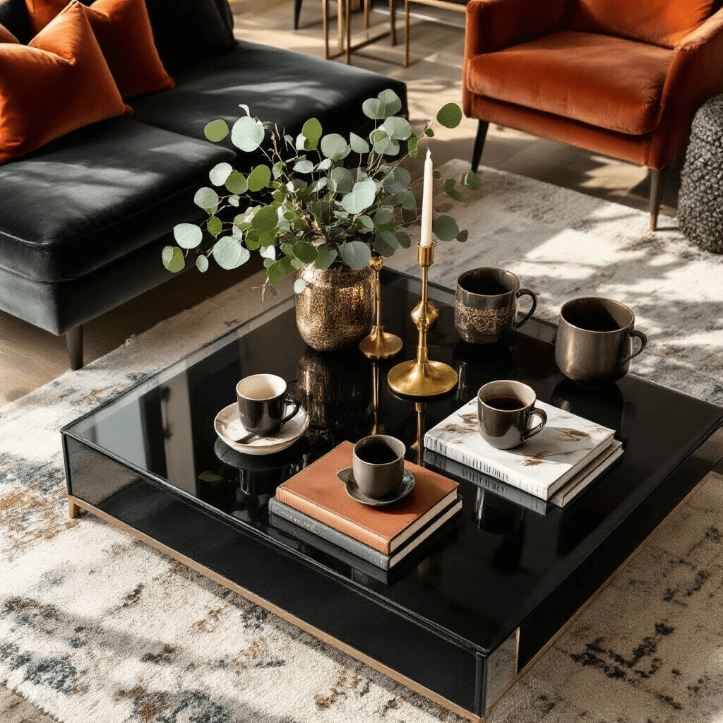 The Ultimate Guide to Choosing the Perfect Black Coffee Table for Your Living Space Overhead view of a stylish black glass coffee table set for entertaining, featuring ceramic coffee cups, brass candlesticks, leather-bound books, fresh eucalyptus, and marble coasters, with velvet charcoal cushions and terracotta and sage textiles in a modern apartment setting.