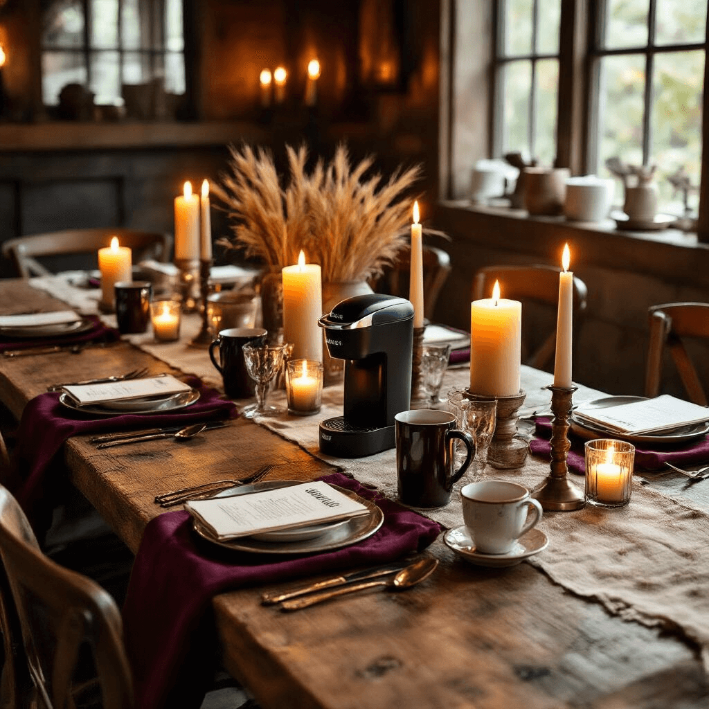 The Ultimate Guide to the Best Keurig Coffee Makers in 2025: Your Perfect Brew Awaits A cozy candlelit dining nook set for an intimate coffee appreciation dinner, featuring a long wooden farmhouse table with warm amber lighting, personal Keurig brewing stations, tasting journals, vintage brass spoons, deep burgundy and cream linens, and rustic decorations.