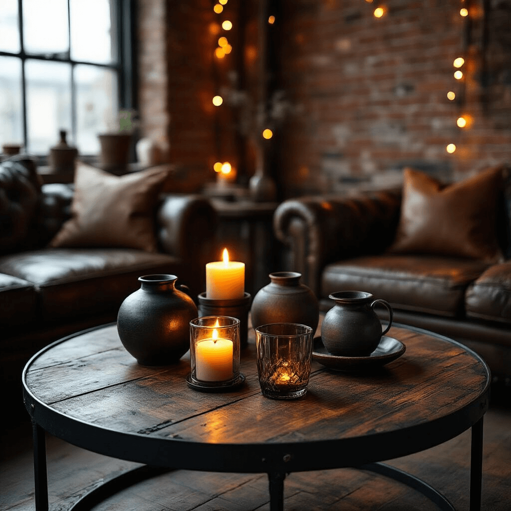 The Ultimate Guide to Choosing the Perfect Black Coffee Table for Your Living Space Close-up of a round black metal coffee table in an industrial loft, adorned with artisanal ceramics and vintage glassware, surrounded by exposed brick walls, worn leather seating, and soft fairy lights creating a moody candlelit atmosphere.