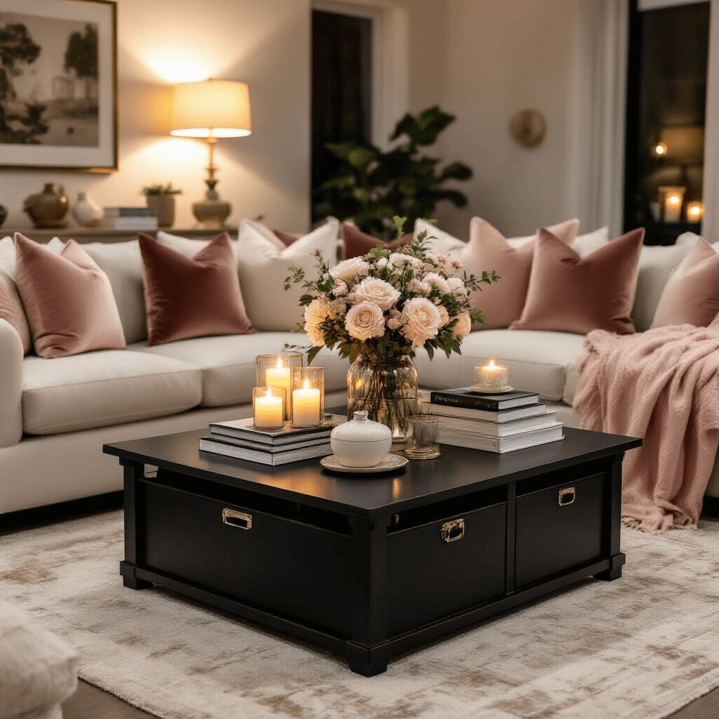 The Ultimate Guide to Choosing the Perfect Black Coffee Table for Your Living Space Cozy living room with a square black coffee table, soft evening candle lighting, layered textiles including blush pink and cream velvet pillows, silk table runners, fresh flowers in glass vases, and a blend of traditional styling and modern functionality.