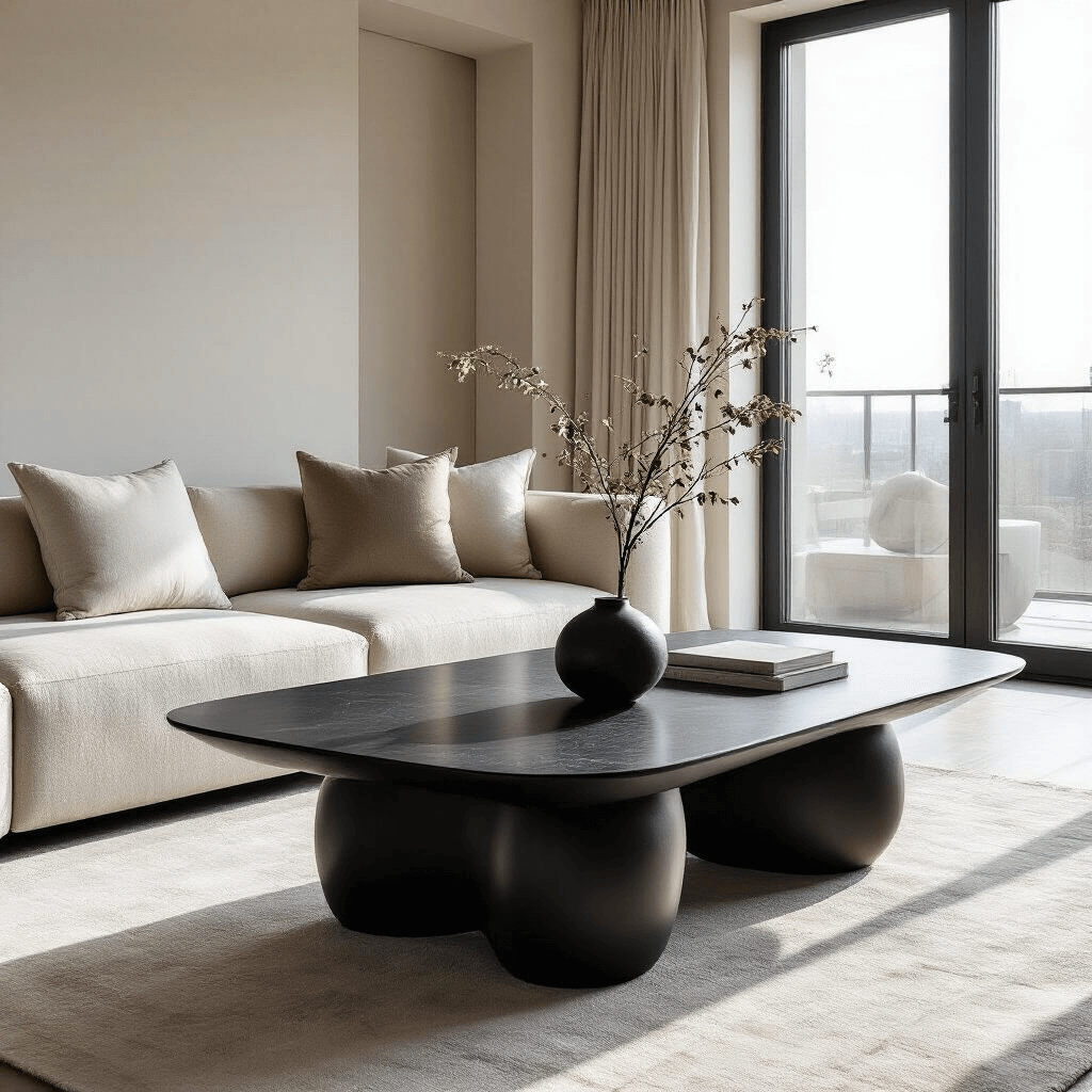 The Ultimate Guide to Choosing the Perfect Black Coffee Table for Your Living Space Cinematic image of a minimalist living space featuring a sculptural black coffee table highlighted by natural midday sunlight, complemented by neutral linens, marble accents, and a sophisticated, uncluttered atmosphere.