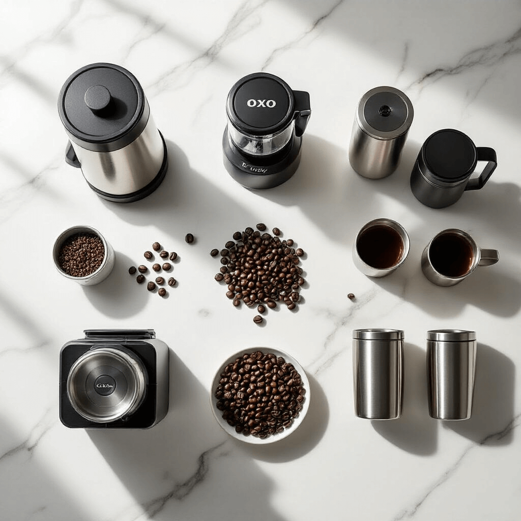 The Ultimate Guide to Cold Brew Coffee Makers: Finding Your Perfect Brew Stylish flat lay of premium cold brew equipment on a white marble surface, featuring Takeya, OXO, and Toddy systems, arranged symmetrically with a burr grinder, airtight containers, and insulated tumblers, accented by scattered coffee beans, in a monochromatic palette of deep browns and metallic silver, illuminated by natural morning light.