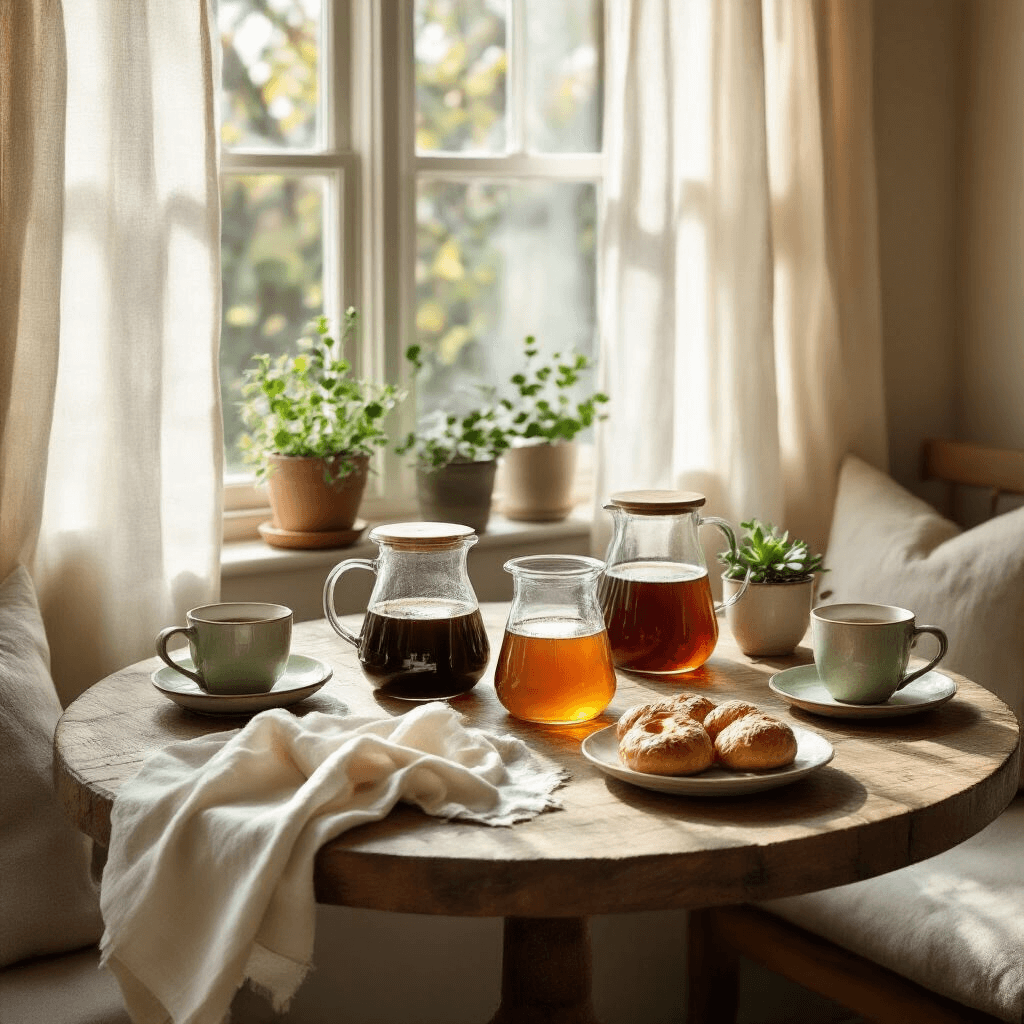 The Ultimate Guide to Cold Brew Coffee Makers: Finding Your Perfect Brew A cozy breakfast nook featuring a round reclaimed wood table with various glass vessels of cold brew, vintage ceramic cups, and fresh pastries, all bathed in soft morning light with potted herbs and succulents adding texture.