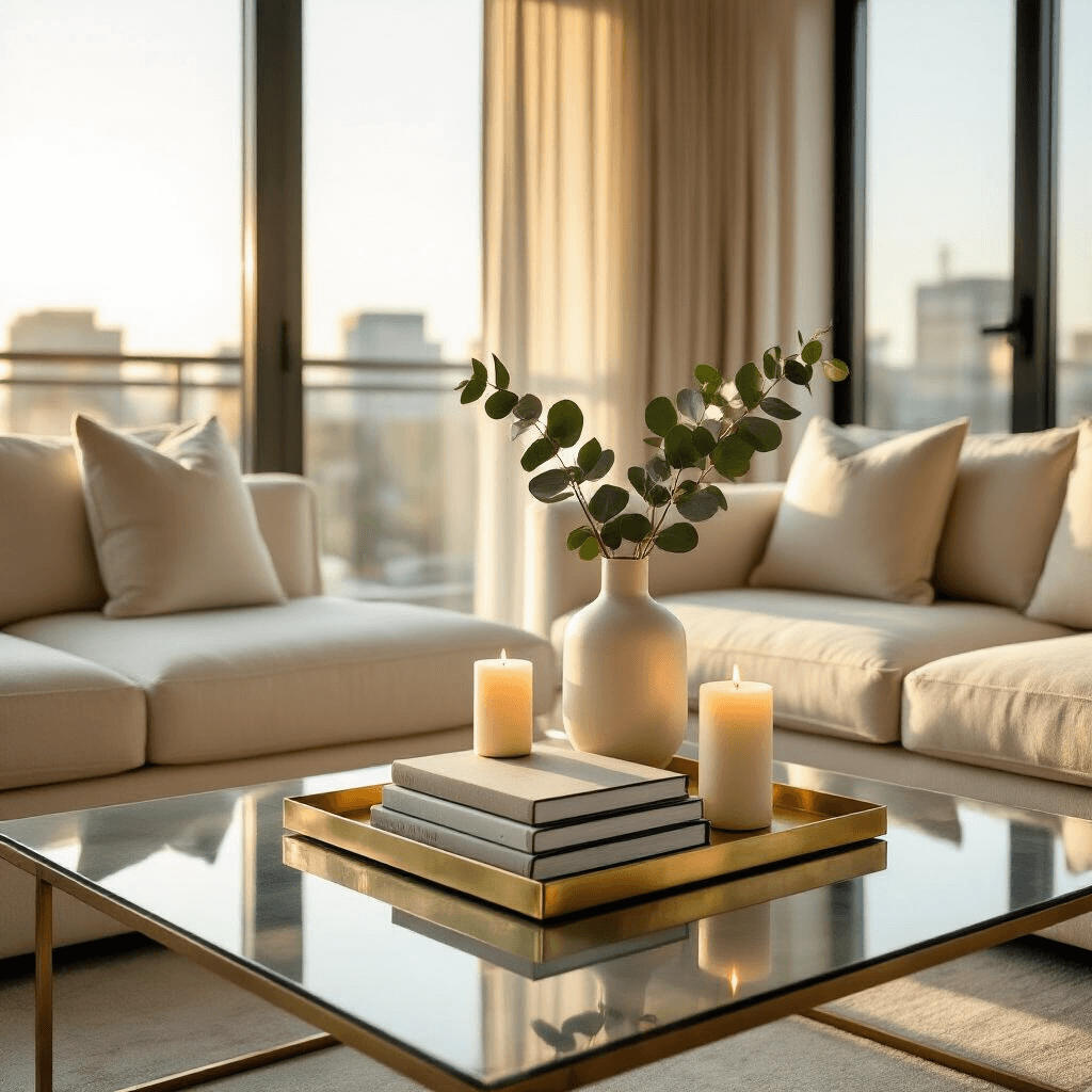 Coffee Table Decor Ideas: Transform Your Living Space with Style and Personality Cinematic wide-angle shot of a modern apartment living room at golden hour, featuring sunlight streaming through floor-to-ceiling windows, a sleek glass coffee table adorned with a brass geometric tray, neutral-toned coffee table books, a white ceramic vase with eucalyptus, and varying heights of pillar candles, all complemented by a cream linen sofa casting soft shadows.