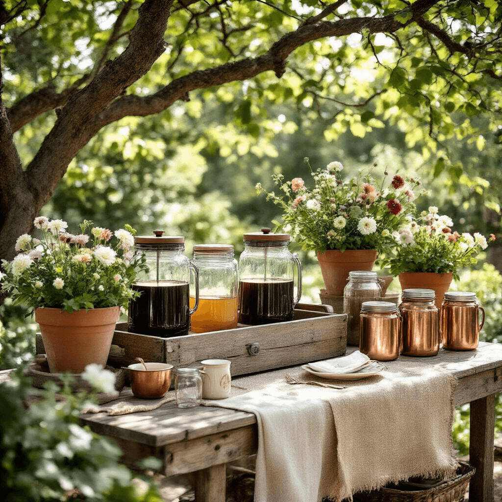 The Ultimate Guide to Cold Brew Coffee Makers: Finding Your Perfect Brew Elegant outdoor coffee station set up on a rustic wooden cart, featuring cold brew dispensers and vintage glass jars, enhanced by fresh florals in terracotta pots, all under dappled sunlight. Burlap runners and copper accents complement mason jar vessels in sage green and warm terracotta hues, surrounded by lush greenery.