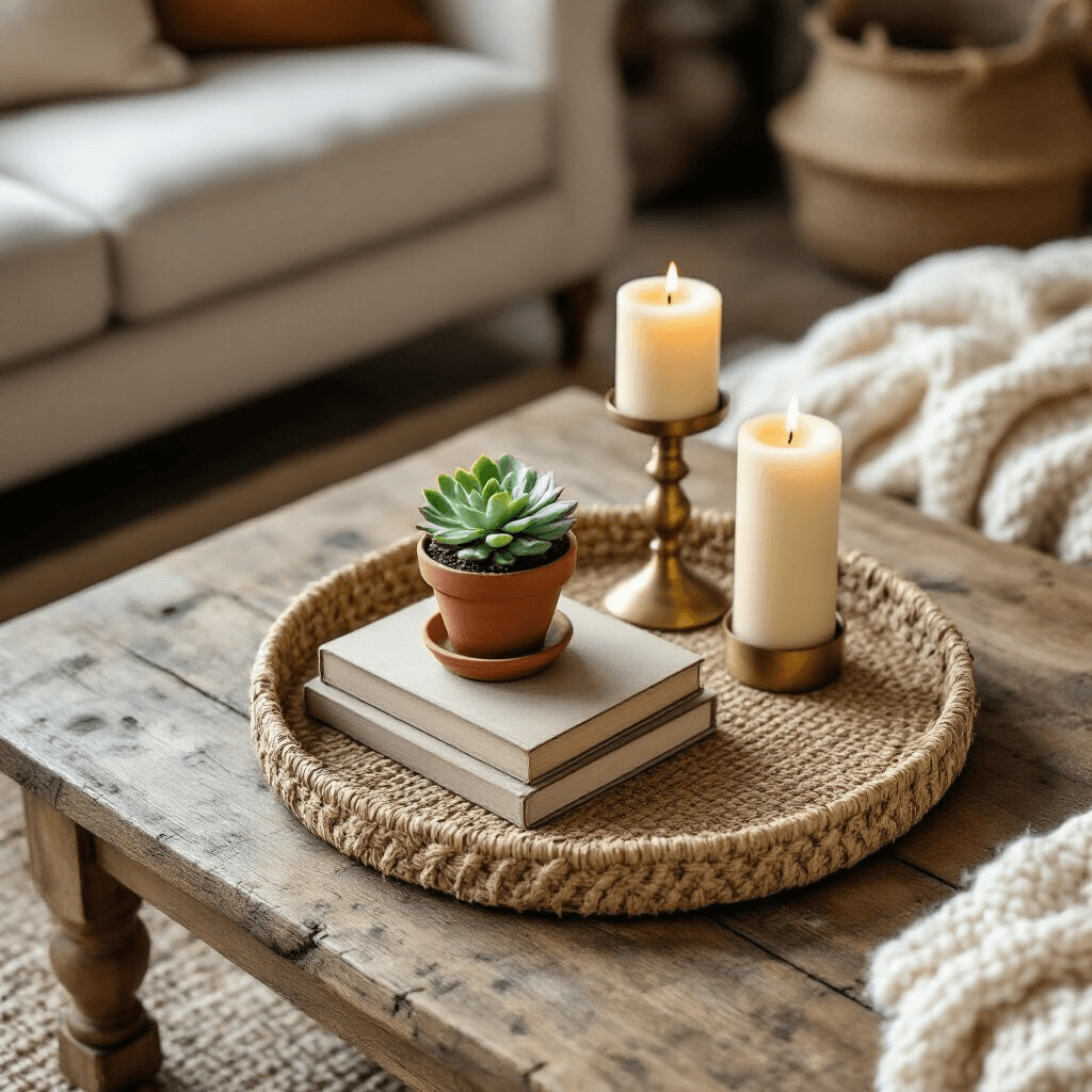 Coffee Table Decor Ideas: Transform Your Living Space with Style and Personality Overhead view of a rustic wooden coffee table adorned with a woven jute tray, stacked vintage books, a terracotta succulent, and ivory pillar candles in brass holders, set in a cozy living room bathed in soft morning light with a cream knit throw and earth-tone cushions at the edges.