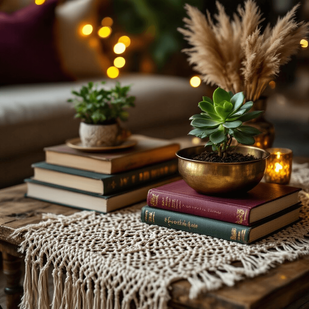 Coffee Table Decor Ideas: Transform Your Living Space with Style and Personality Close-up of a boho-styled coffee table corner featuring a macrame table runner, eclectic stacked books, a vintage brass bowl with dried pampas, and a small jade plant, with warm ambient lighting from fairy lights enhancing rich jewel tones.