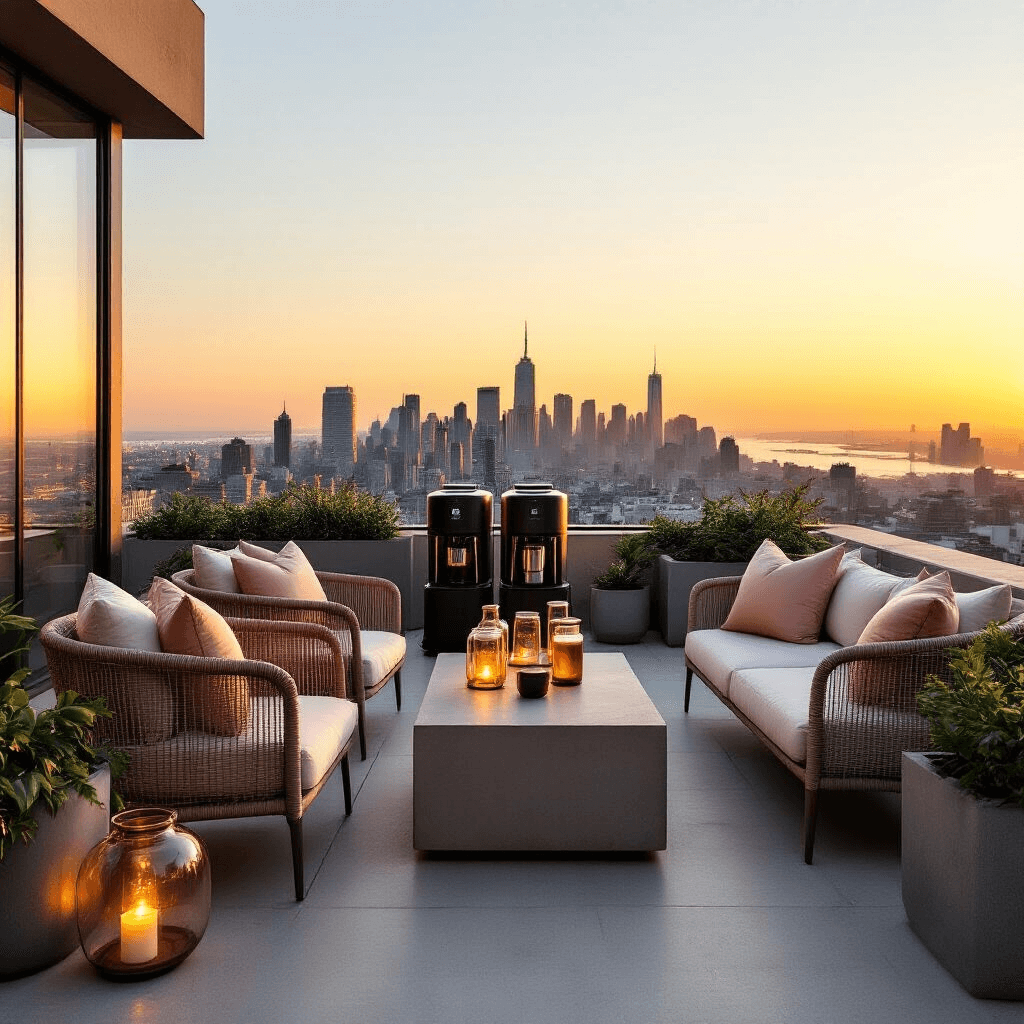The Ultimate Guide to Cold Brew Coffee Makers: Finding Your Perfect Brew Luxurious rooftop terrace cold brew bar at golden hour, featuring modern outdoor furniture with blush and cream silk cushions, sleek cold brew systems on concrete surfaces, and a city skyline backdrop bathed in warm sunset lighting. Glass vessels reflect amber hues, surrounded by minimalist geometric planters and modern ceramics. Fairy lights twinkle as daylight fades, showcasing an elegant setup for sophisticated urban coffee culture.