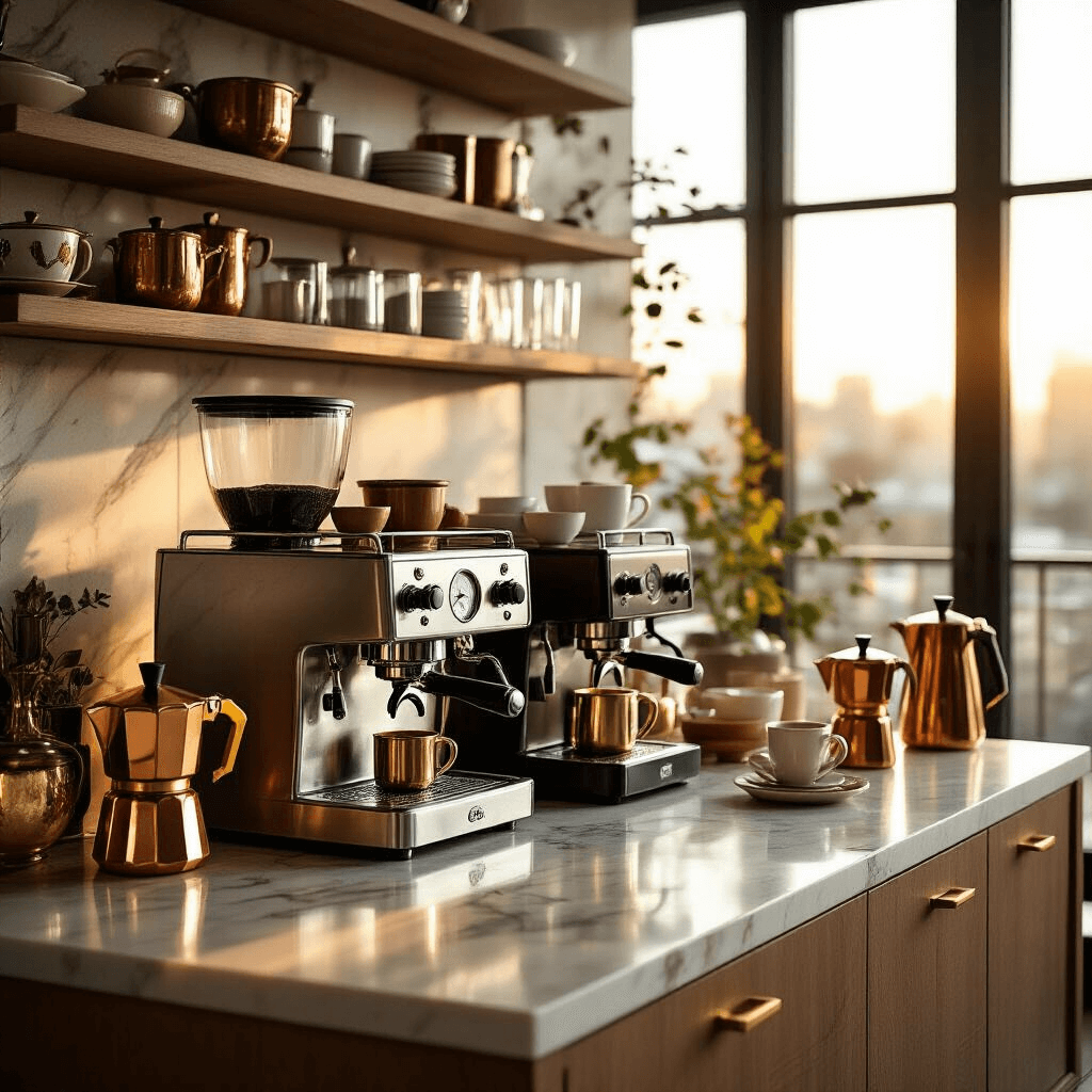 The Ultimate Guide to Italian Coffee Makers: Brewing Perfection at Home Elegant modern kitchen coffee bar with marble countertops featuring Italian espresso machines and moka pots, illuminated by golden hour sunlight, showcasing brass accents and a rich brown and cream color palette.