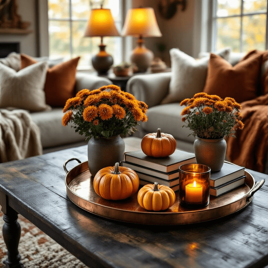 Coffee Table Decor Ideas: Transform Your Living Space with Style and Personality Moody autumn-themed coffee table arrangement with a copper tray, mini pumpkins, amber glass candles, and potted mums on a dark wood table in a cozy living nook, illuminated by warm golden lighting.