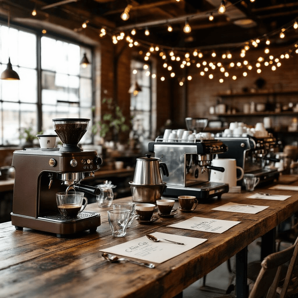 The Ultimate Guide to Italian Coffee Makers: Brewing Perfection at Home A stylish industrial loft hosting a professional coffee cupping event featuring various Italian coffee makers on reclaimed wood tables, ambient fairy lights, and an espresso brown and ivory color scheme with copper accents, showcasing glass cupping bowls, silver spoons, and handwritten tasting notes.