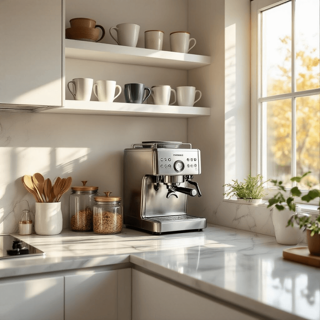 Creating the Perfect Built-in Coffee Bar: A Comprehensive Guide Photorealistic image of a modern minimalist coffee bar in a sleek kitchen corner, featuring clean white floating shelves with a curated mug collection and glass canisters, a gleaming stainless steel espresso machine, and a marble countertop reflecting warm sunlight.