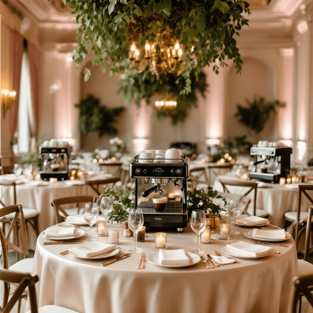 The Ultimate Guide to Italian Coffee Makers: Brewing Perfection at Home Elegant indoor ballroom setting for a luxurious Italian-themed coffee appreciation gathering, featuring round tables with silk ivory linens, centerpiece espresso machines, fresh greenery, and candlelight ambiance from vintage Edison bulb chandeliers, all in a blush pink and cream palette with brass details.