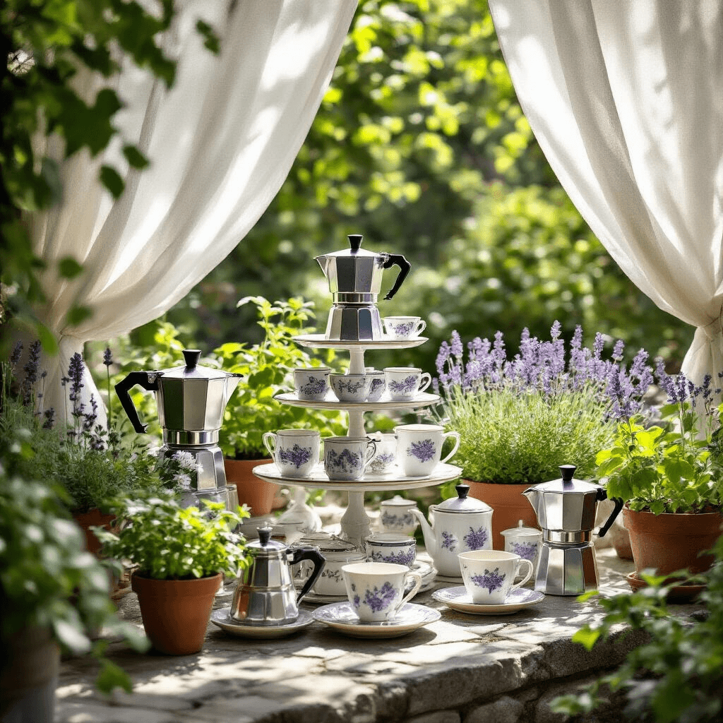 The Ultimate Guide to Italian Coffee Makers: Brewing Perfection at Home A whimsical coffee maker showcase in a sunlit garden terrace, featuring tiered displays of vintage moka pots and ceramic accessories among potted herbs and flowers, with dappled sunlight filtering through white canopies.
