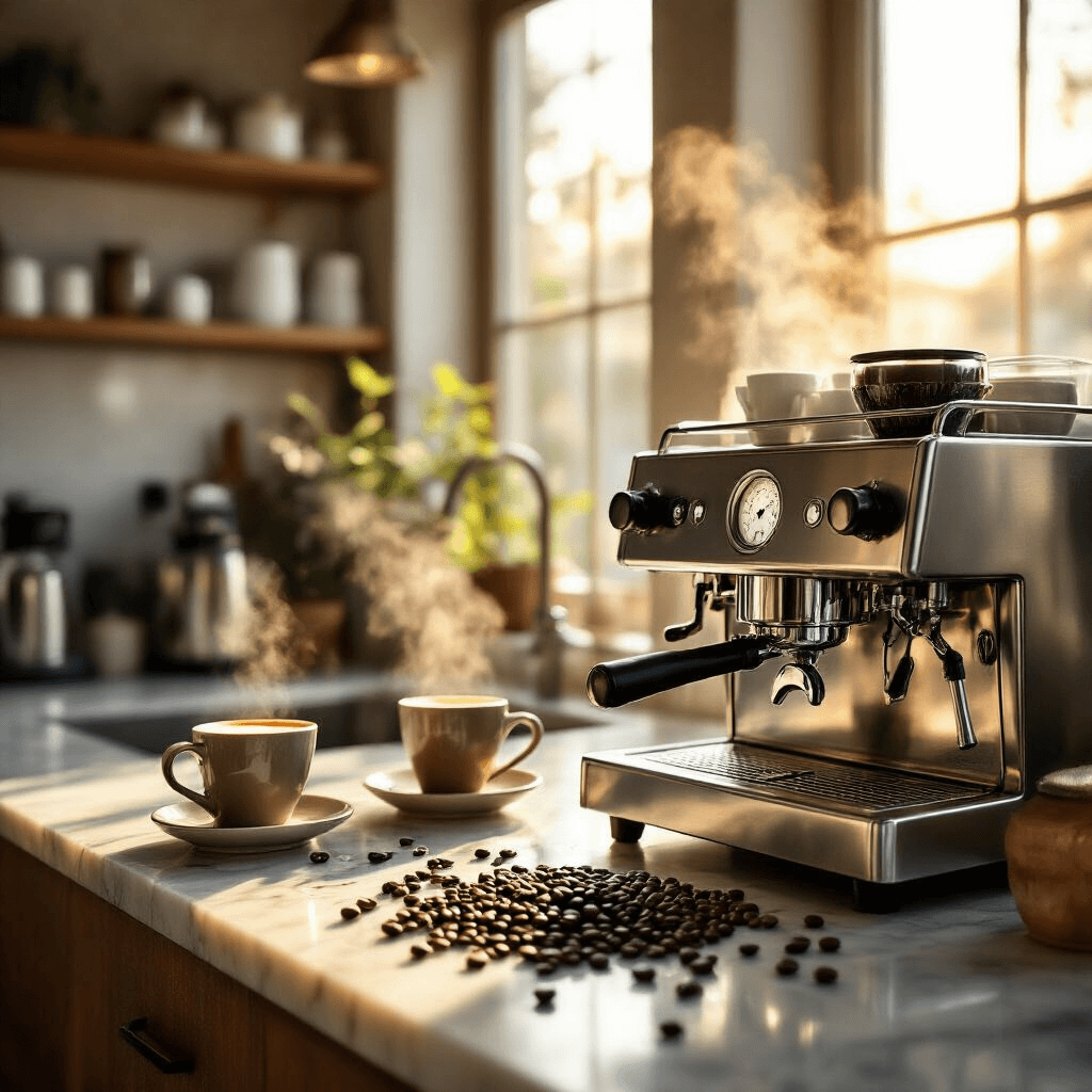 The Ultimate Guide to Choosing the Perfect Espresso Machine for Your Home Photorealistic wide-angle shot of a modern kitchen transformed into a cozy café, featuring a sleek stainless steel espresso machine on a marble countertop, soft morning sunlight streaming through the windows, scattered coffee beans, ceramic demitasse cups, and steam rising from freshly pulled espresso shots.
