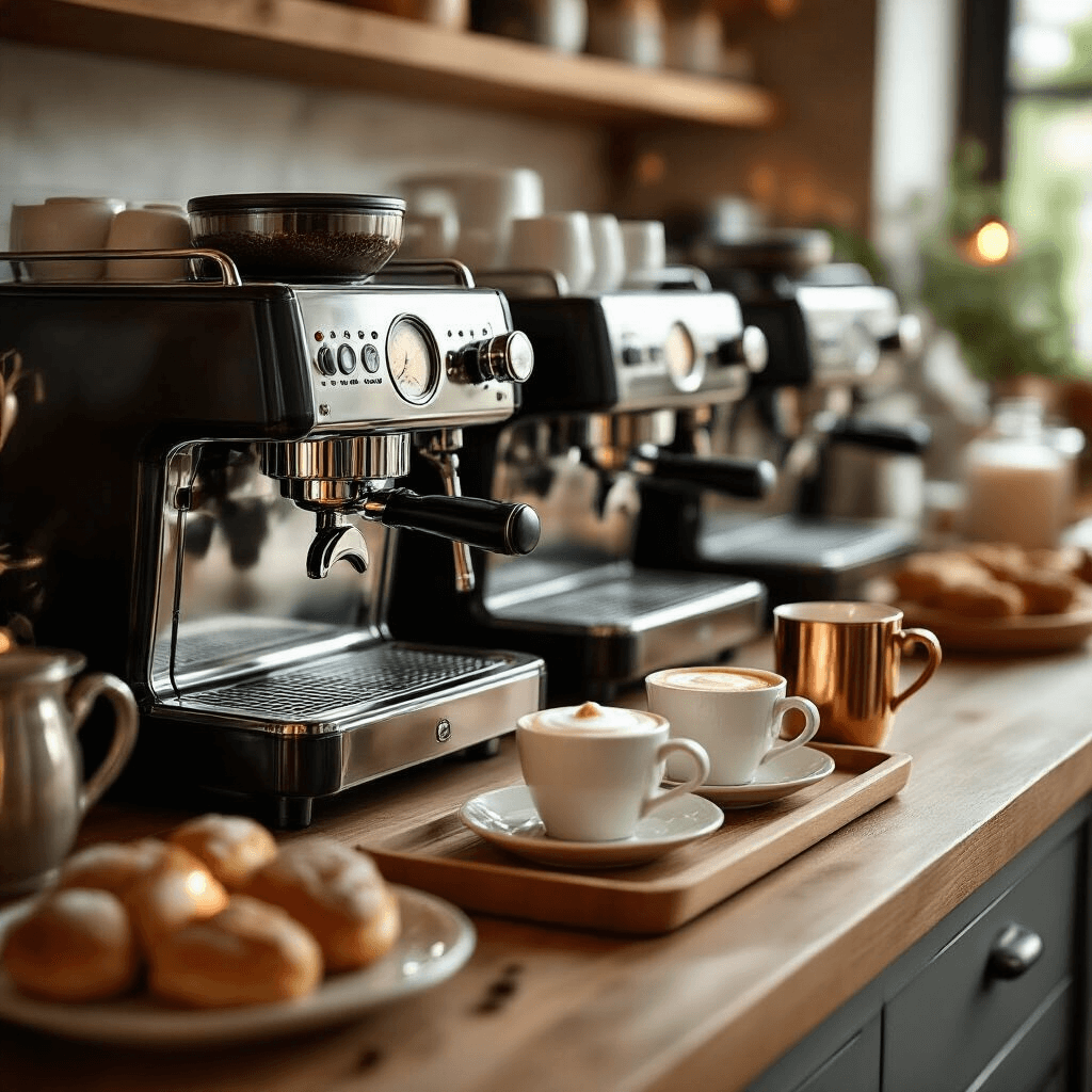 The Ultimate Guide to Choosing the Perfect Espresso Machine for Your Home Cinematic close-up of a sophisticated kitchen counter showcasing several espresso machines, including a sleek push-button automatic model, alongside a frothy milk pitcher and porcelain cups on a wooden tray, all illuminated by soft natural light and ambient candlelight, with a cream and copper color scheme and artisanal coffee gear complemented by fresh pastries.