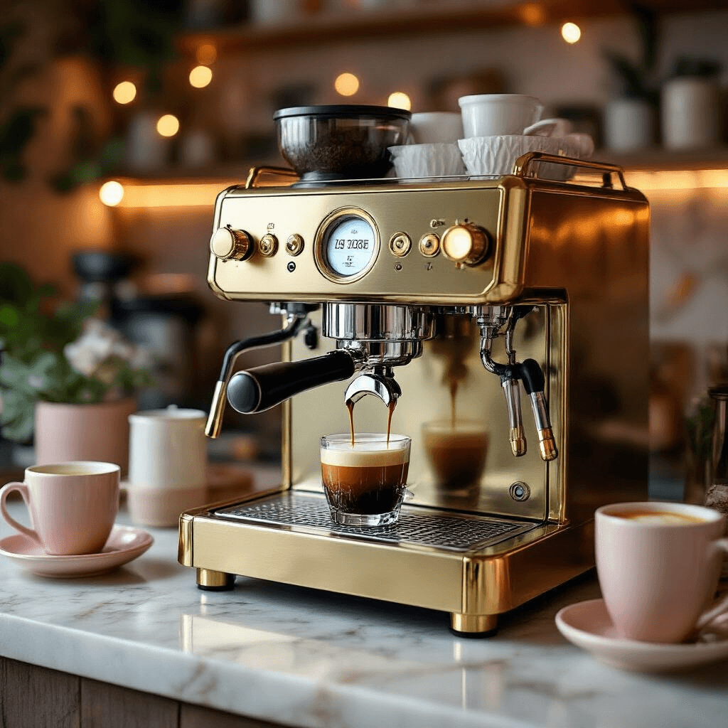 The Ultimate Guide to Choosing the Perfect Espresso Machine for Your Home Detail of a high-end lever prosumer espresso machine with polished brass accents, featuring a PID controller and steam wand, set in a sophisticated home café with moody evening lighting, blush pink and ivory decor, marble surfaces, and carefully arranged artisanal coffee accessories.