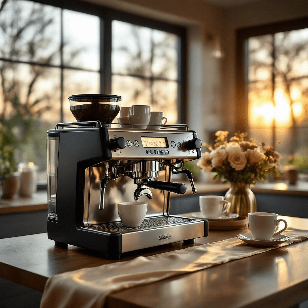 The Ultimate Guide to Choosing the Perfect Espresso Machine for Your Home Wide-angle view of a modern home barista station featuring a sleek mid-range espresso machine with integrated grinder and temperature control, illuminated by golden hour light streaming through large windows, complemented by an elegant coffee cupping setup on a beautifully arranged table with a silk runner and fresh florals, creating a luxurious café atmosphere.