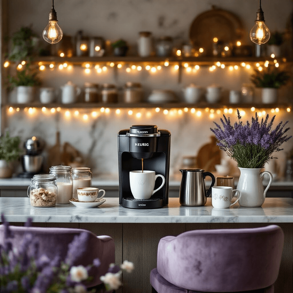 Keurig Single Serve Coffee Makers: Your Ultimate Guide to Quick, Convenient Brewing A whimsical kitchen island coffee bar featuring a Keurig K-Cafe, surrounded by latte-making accessories, soft fairy lights, marble countertops, velvet bar stools, and specialty drink ingredients in glass jars, all in a lavender and silver color scheme with fresh florals, artisan mugs, and a cozy atmosphere for intimate entertaining.