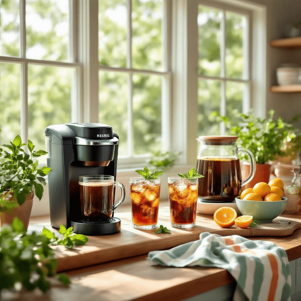 Keurig Single Serve Coffee Makers: Your Ultimate Guide to Quick, Convenient Brewing A vibrant summer kitchen scene featuring a Keurig K-Iced for iced coffee preparation, with bright sunlight streaming through large windows, fresh mint and citrus garnishes, clear glassware filled with ice, rustic wood cutting boards, and colorful striped linens, all captured from an overhead angle to showcase a refreshing cold brew setup.
