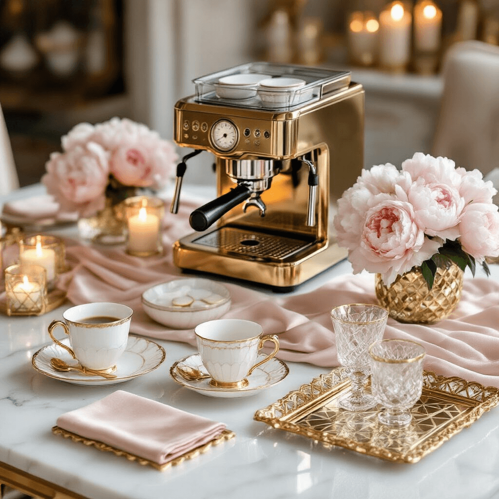 Create Your Perfect Countertop Coffee Station: A Stylish & Functional Guide Overhead view of an elegant coffee station featuring a gold-accented espresso machine, fine bone china cups, crystal storage, and ornate brass trays on polished white marble. The scene is illuminated by soft candlelight, with blush pink peonies, a silk table runner, and geometric gold coasters, all in a sophisticated palette of ivory, rose gold, and soft pink.