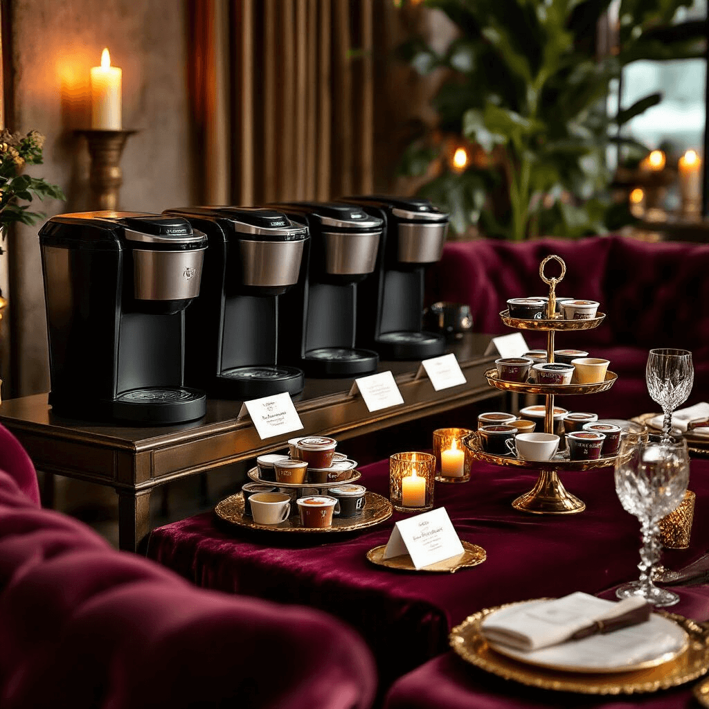 Keurig Single Serve Coffee Makers: Your Ultimate Guide to Quick, Convenient Brewing A luxurious coffee tasting event featuring multiple Keurig models on a sleek console table, surrounded by rich burgundy and gold decor, moody candlelight, velvet seating, tiered cake stands of K-Cup flavors, crystal glassware, and personalized coffee flight cards, captured in a cinematic wide shot.