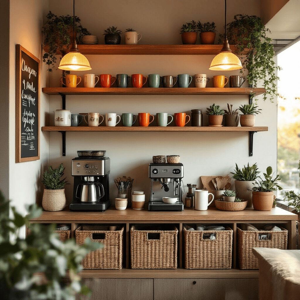 Create Your Perfect Countertop Coffee Station: A Stylish & Functional Guide Wide shot of a cozy corner coffee bar in a modern apartment, featuring tiered wooden shelves with colorful mugs, vintage coffee tins, and small succulents, illuminated by warm pendant lights. Textured baskets and floating shelves enhance the welcoming atmosphere, accented by personalized chalkboard art in an earthy palette of terracotta, sage, and natural wood tones.